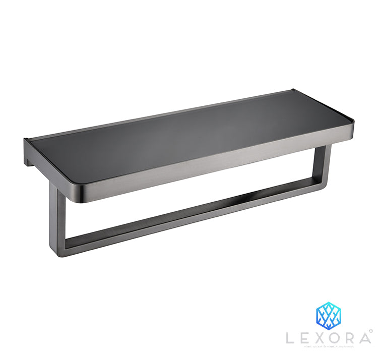 Lexora Bagno Bianca Stainless Steel Black Glass Shelf with Towel Bar in Gun Metal
