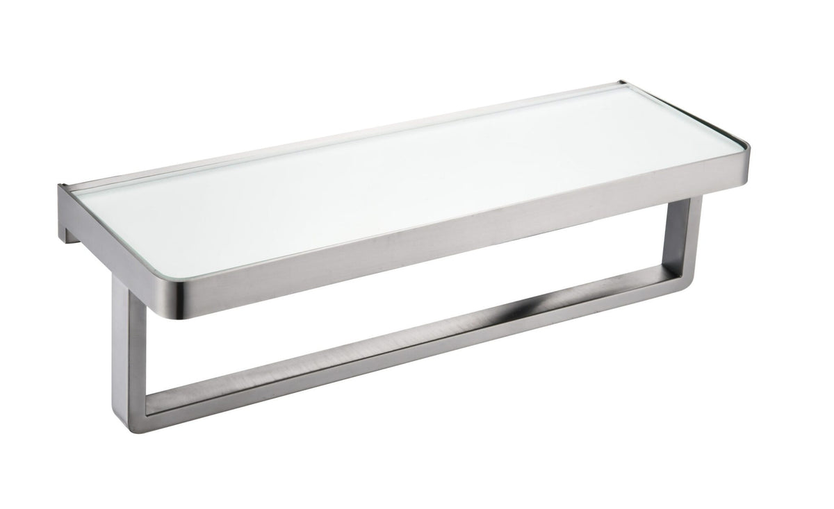 Lexora Bagno Bianca Stainless Steel White Glass Shelf with Towel Bar in Gun Metal
