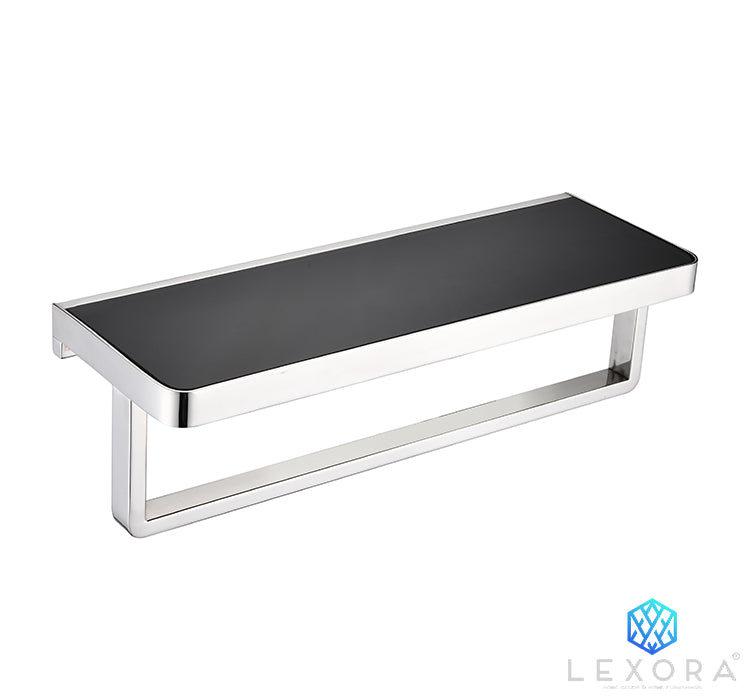 Lexora Bagno Bianca Stainless Steel Black Glass Shelf with Towel Bar in Chrome