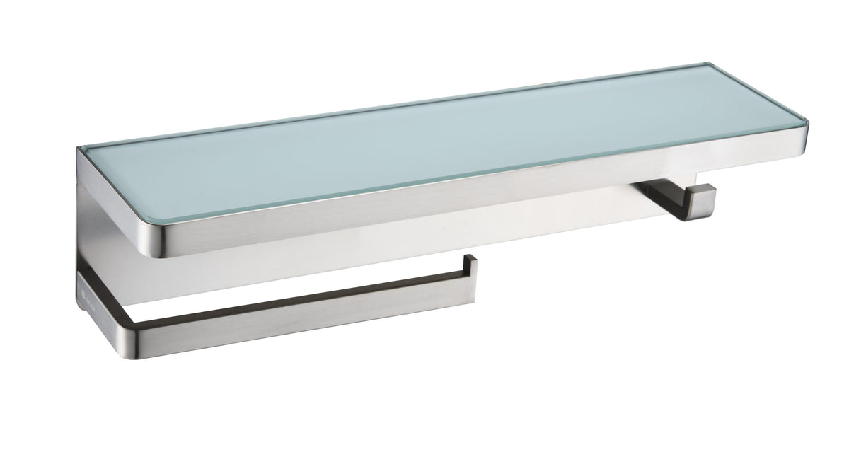 Lexora Bagno Bianca Stainless Steel White Glass Shelf with Towel Bar & Robe Hook in Brushed Nickel