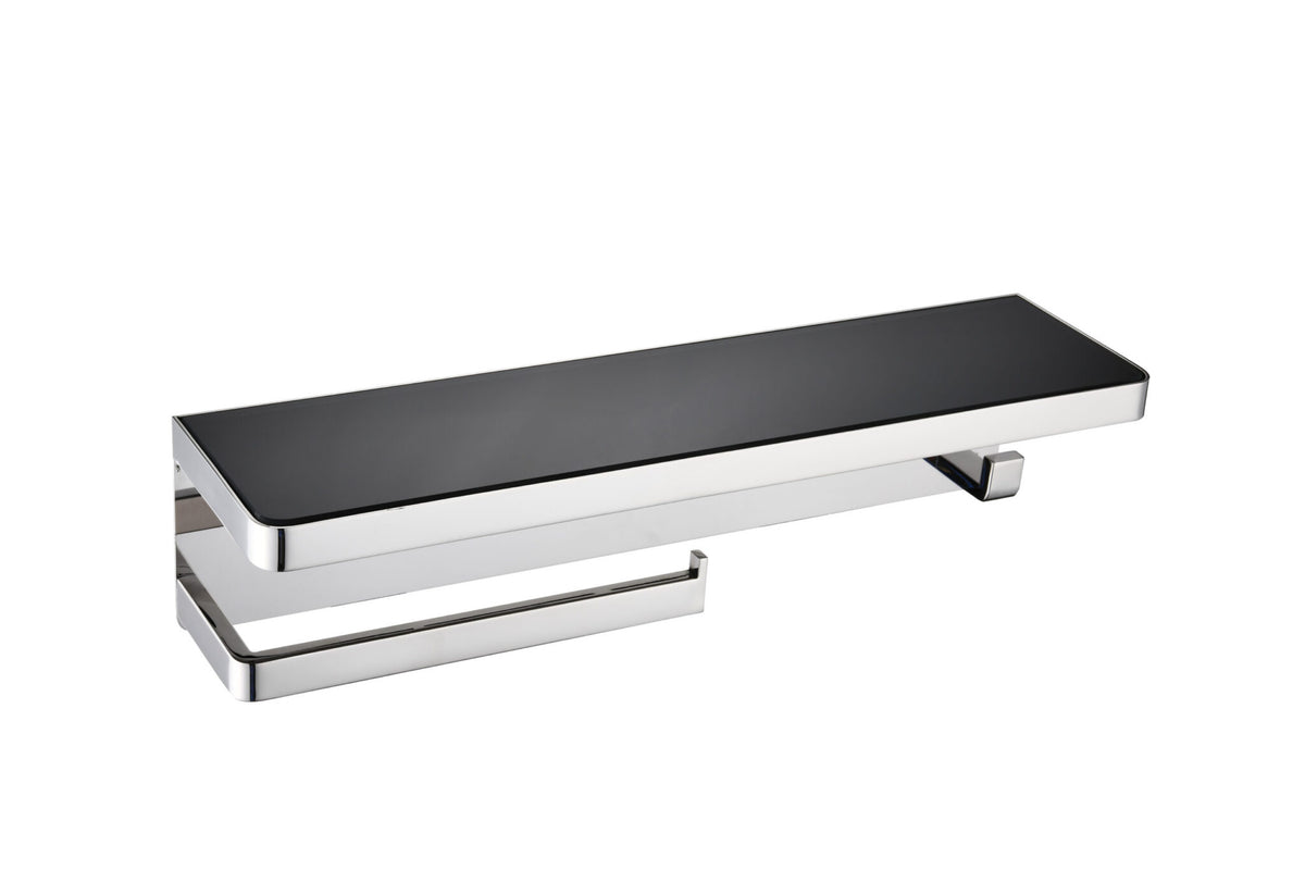 Lexora Bagno Bianca Stainless Steel Black Glass Shelf with Towel Bar & Robe Hook in Chrome