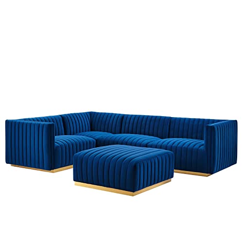 Modway Conjure 5-Piece Velvet and Stainless Steel Sectional Sofa - Gold/Navy