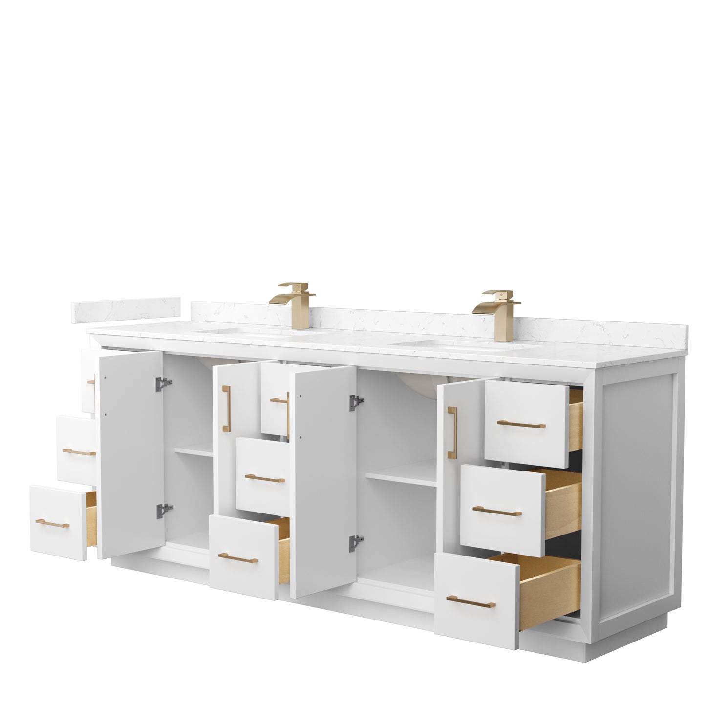 Strada 84 Inch Double Bathroom Vanity in White, Carrara Cultured Marble Countertop, Undermount Square Sink, Satin Bronze Trim