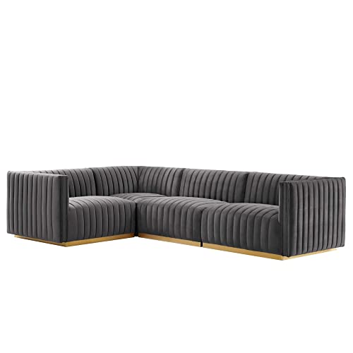 Modway Conjure 4-Piece Velvet and Stainless Steel Sectional in Gray/Gold