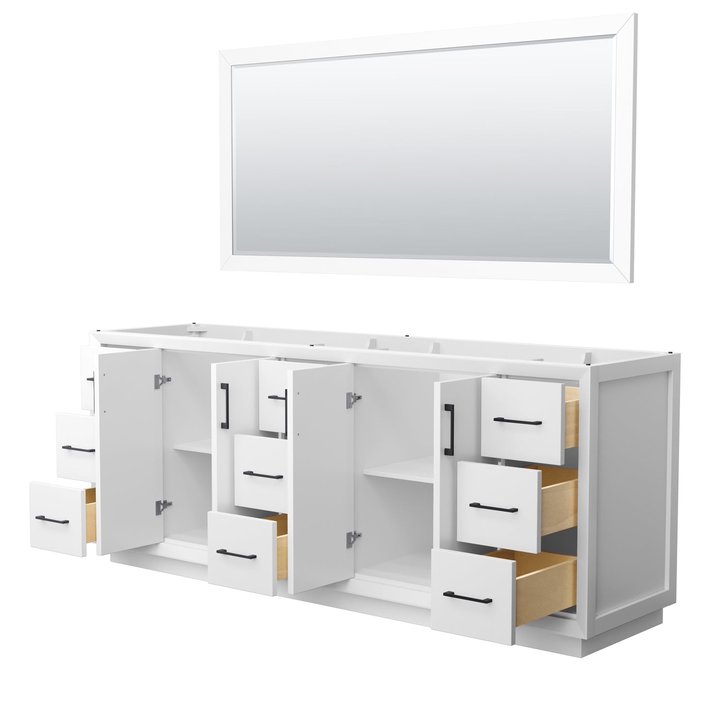 Strada 84 Inch Double Bathroom Vanity in White, No Countertop, No Sink, Matte Black Trim, 70 Inch Mirror