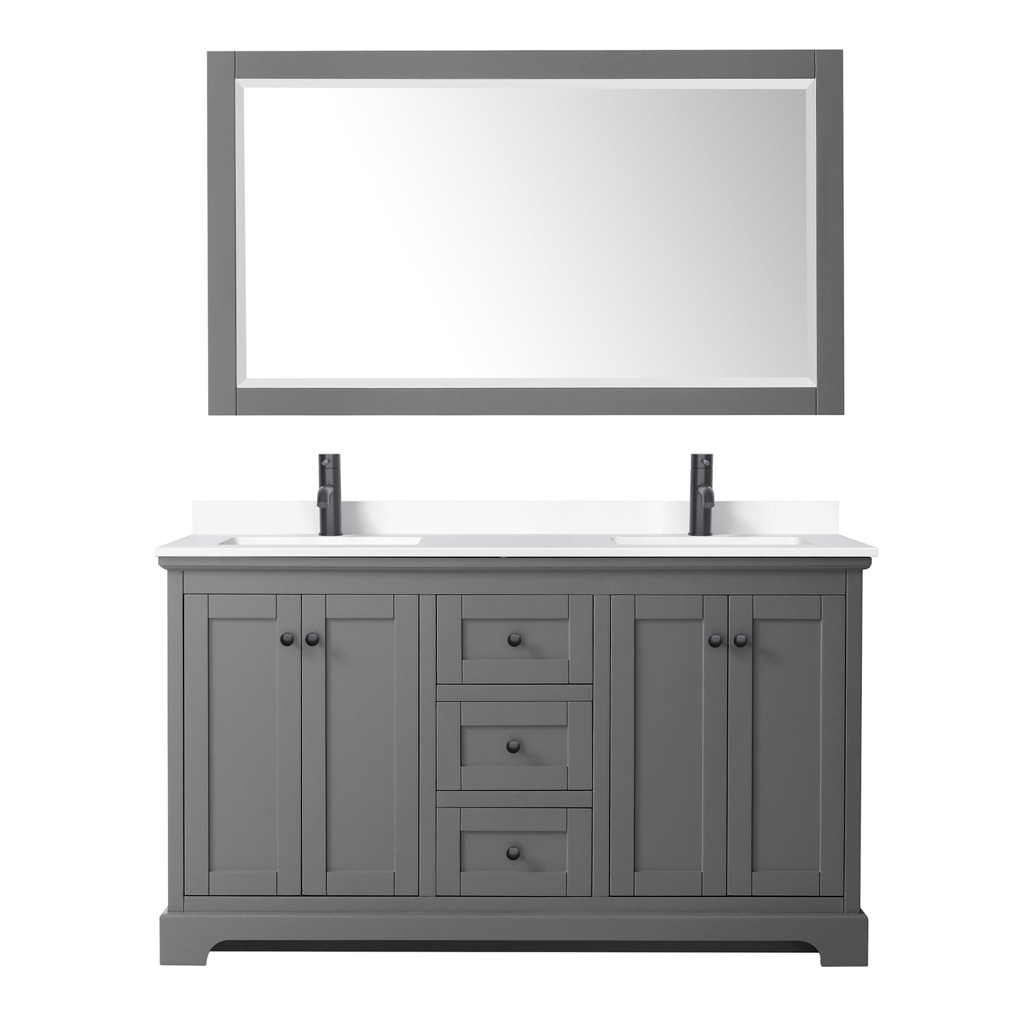 Avery 60 Inch Double Bathroom Vanity in Dark Gray, White Cultured Marble Countertop, Undermount Square Sinks, Matte Black Trim, 58 Inch Mirror