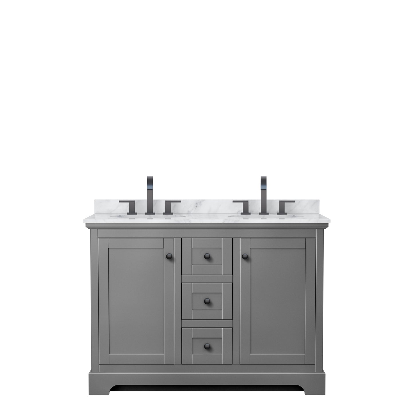 Avery 48 Inch Double Bathroom Vanity in Dark Gray, White Carrara Marble Countertop, Undermount Oval Sinks, Matte Black Trim