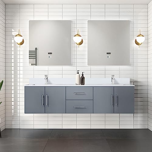 Lexora Geneva Bath Vanity, White Quartz Top, Faucet Set, and 30 in. LED Mirror