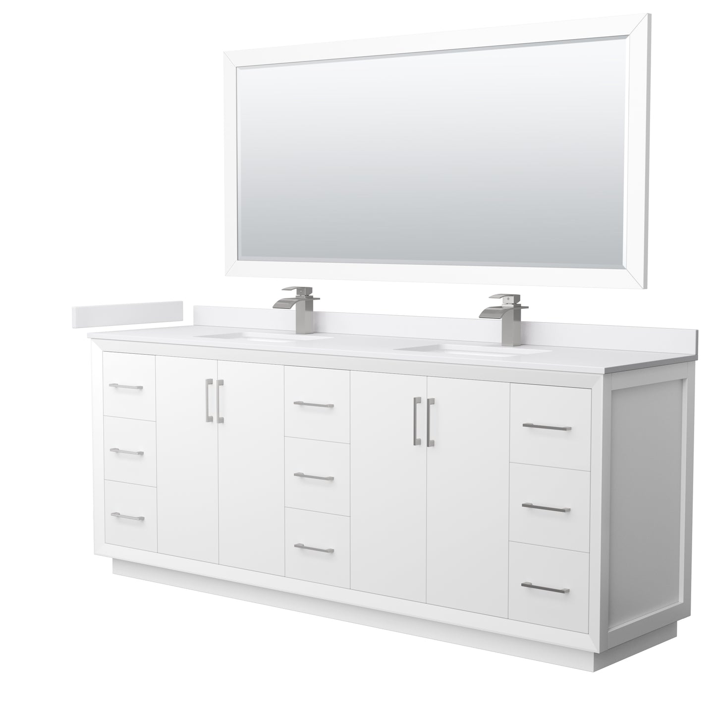 Strada 84 Inch Double Bathroom Vanity in White, White Cultured Marble Countertop, Undermount Square Sink, Brushed Nickel Trim, 70 Inch Mirror