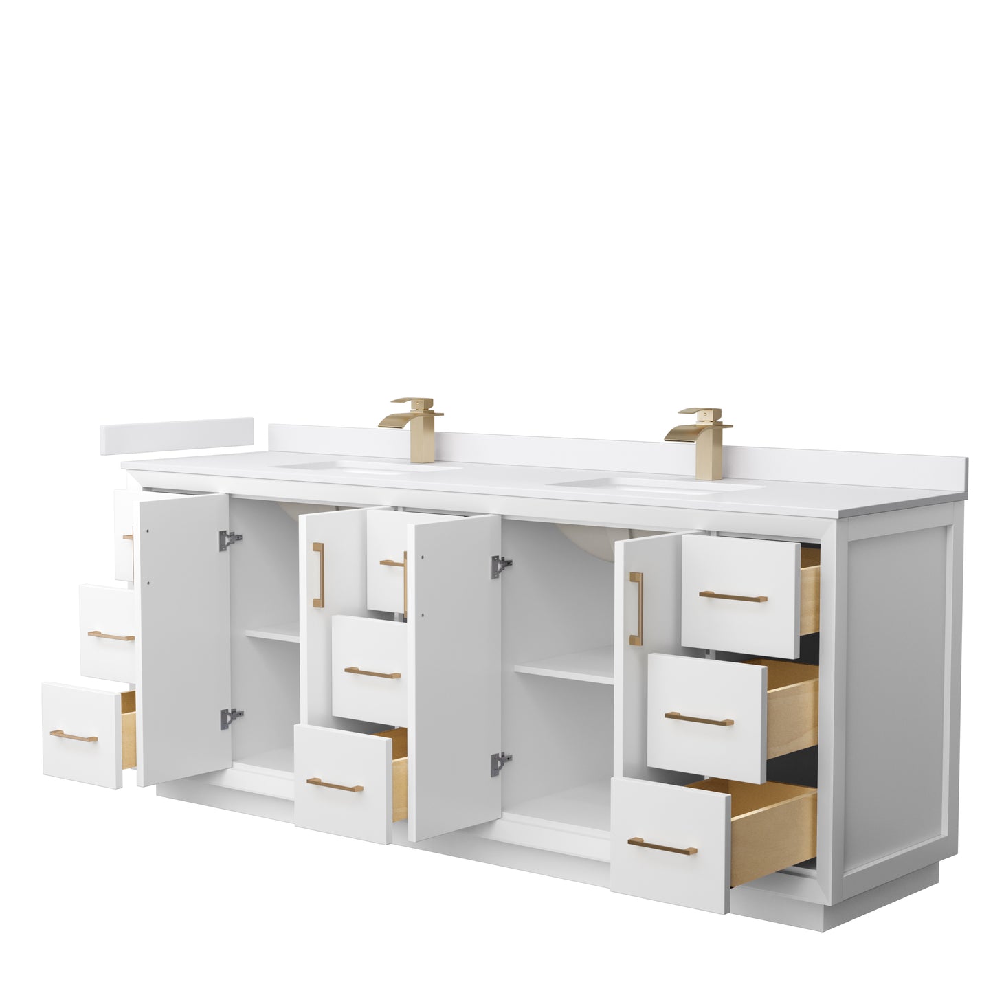 Strada 84 Inch Double Bathroom Vanity in White, White Cultured Marble Countertop, Undermount Square Sink, Satin Bronze Trim