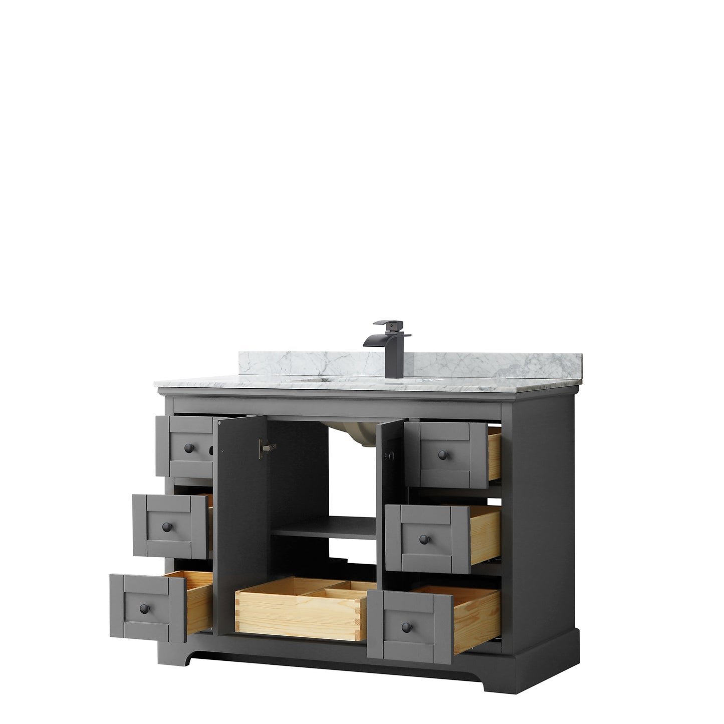 Avery 48 Inch Single Bathroom Vanity in Dark Gray, White Carrara Marble Countertop, Undermount Square Sink, Matte Black Trim