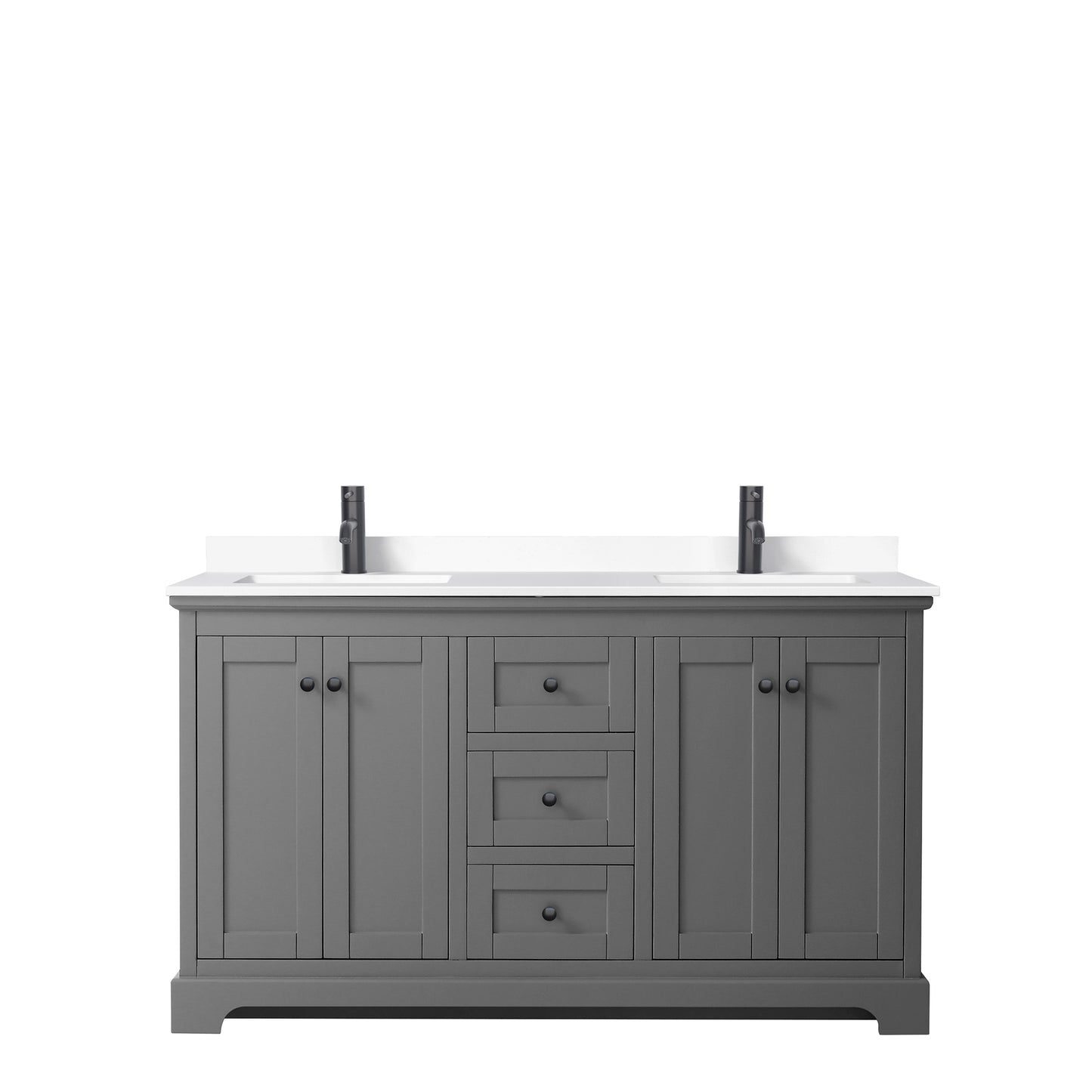 Avery 60 Inch Double Bathroom Vanity in Dark Gray, White Cultured Marble Countertop, Undermount Square Sinks, Matte Black Trim