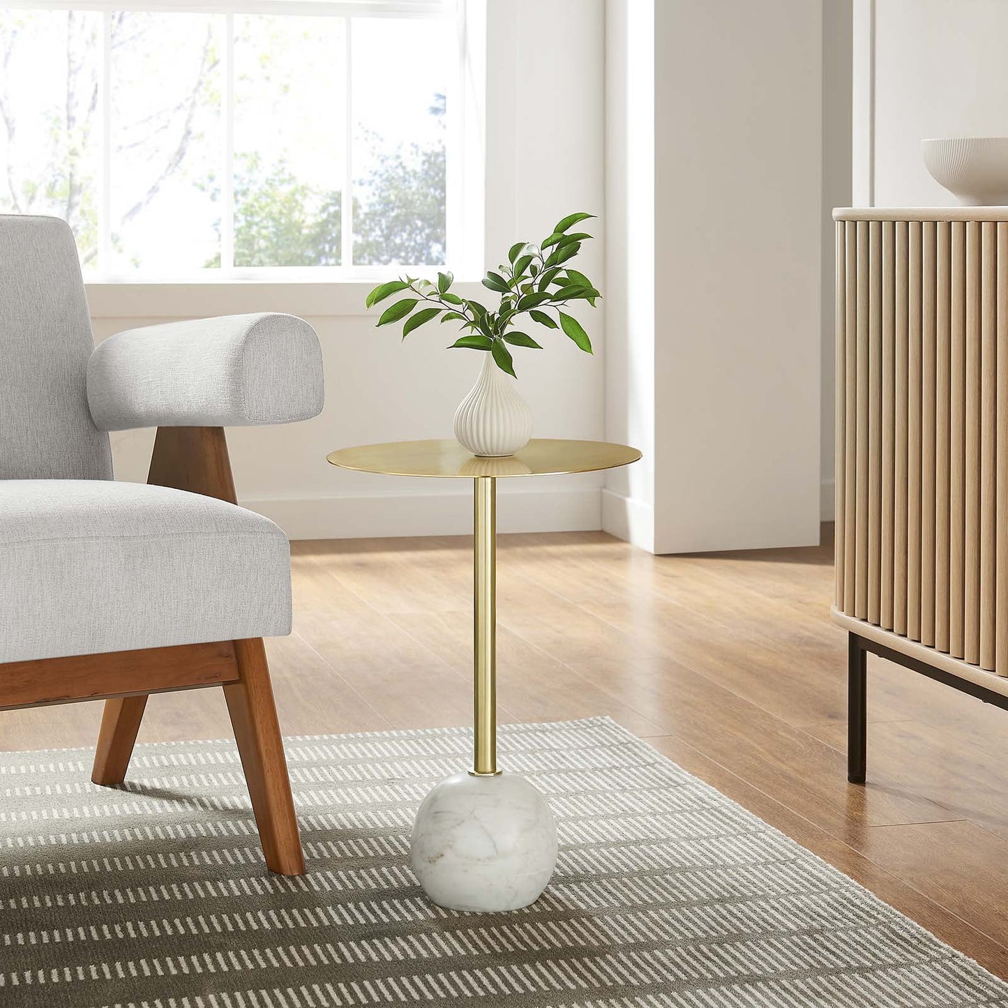 Modway Aliza Round Acacia Wood Side Table in White Brass