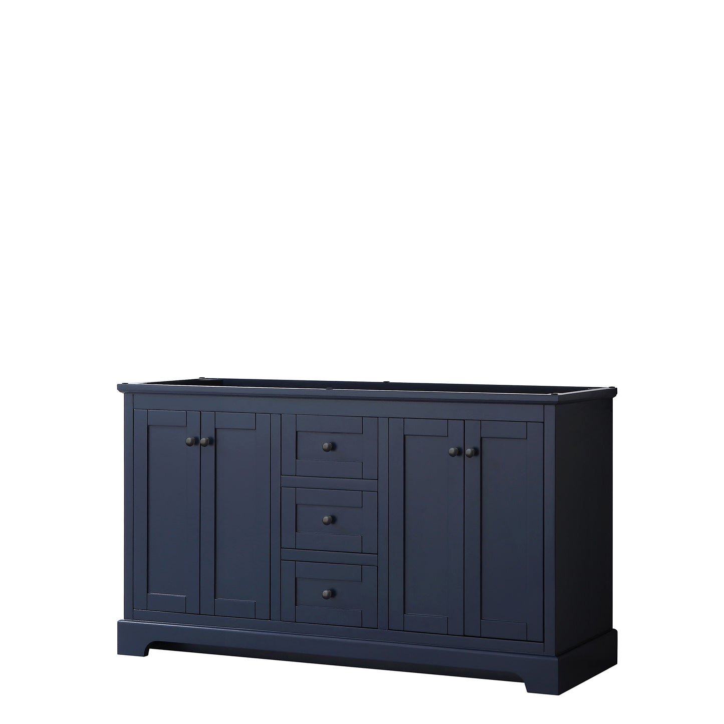 Avery 60 Inch Double Bathroom Vanity in Dark Blue, No Countertop, No Sinks, Matte Black Trim