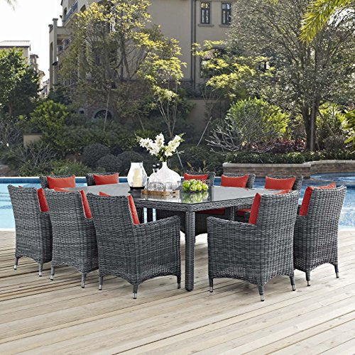 Modway EEI-2334-GRY-RED-SET Summon 7 Piece Outdoor Patio Sunbrella Dining Set in Canvas