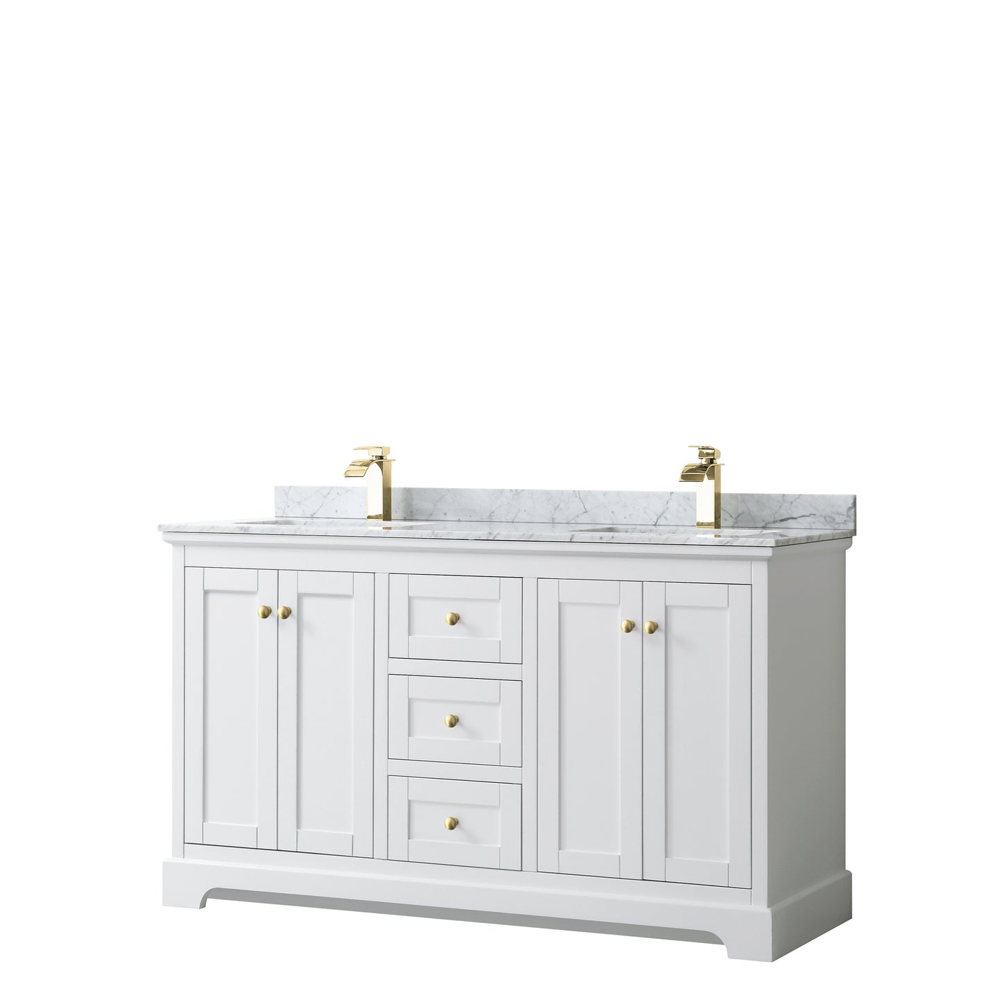 Avery 60 Inch Double Bathroom Vanity in White, White Carrara Marble Countertop, Undermount Square Sinks, Brushed Gold Trim