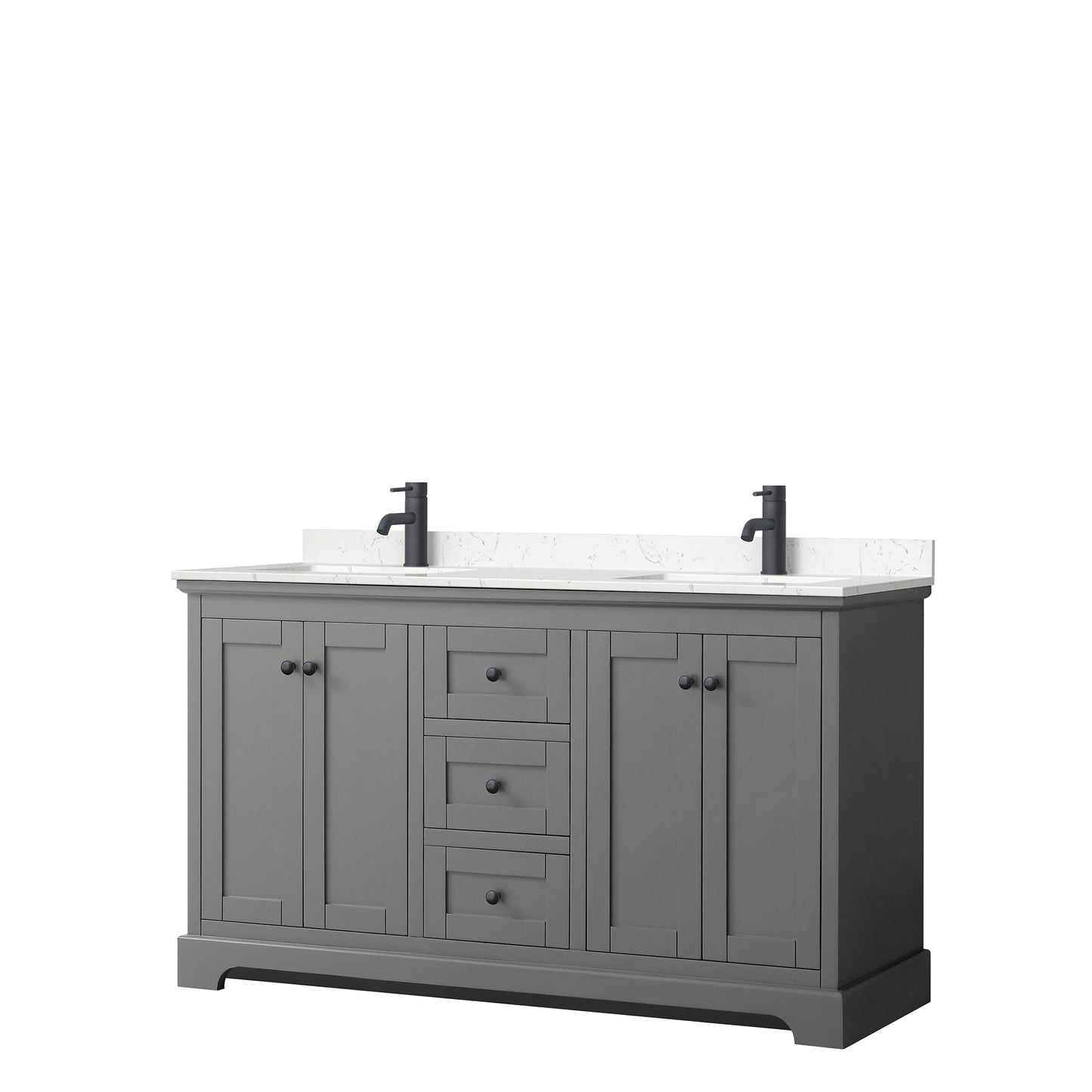 Avery 60 Inch Double Bathroom Vanity in Dark Gray, Carrara Cultured Marble Countertop, Undermount Square Sinks, Matte Black Trim