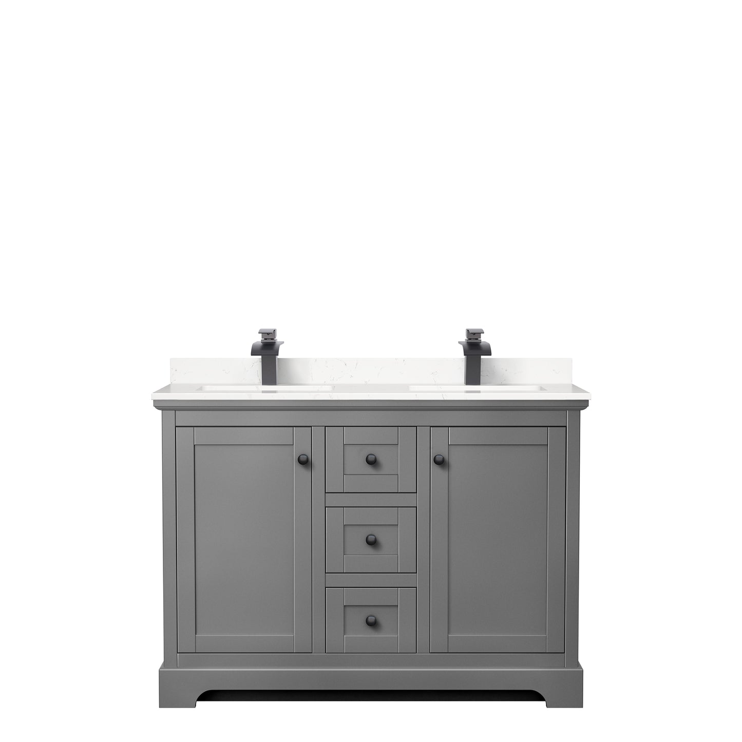 Avery 48 Inch Double Bathroom Vanity in Dark Gray, Carrara Cultured Marble Countertop, Undermount Square Sinks, Matte Black Trim