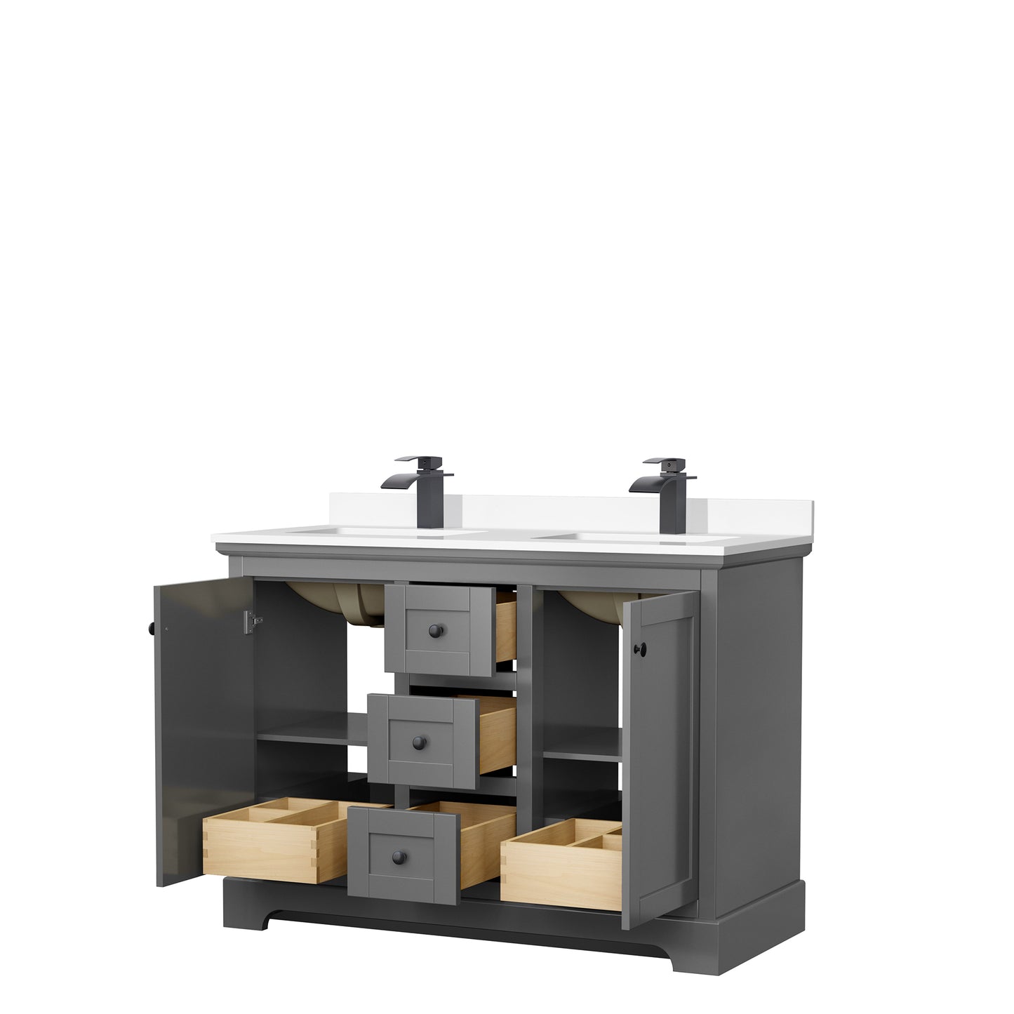 Avery 48 Inch Double Bathroom Vanity in Dark Gray, White Cultured Marble Countertop, Undermount Square Sinks, Matte Black Trim