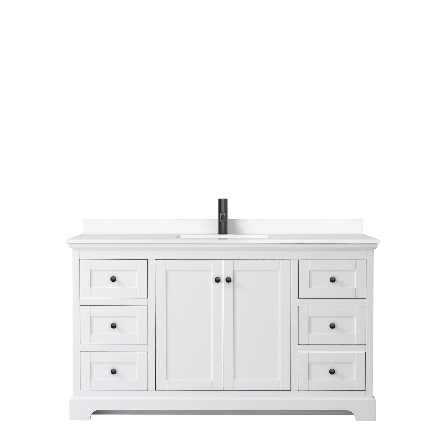 Avery 60 Inch Single Bathroom Vanity in White, White Cultured Marble Countertop, Undermount Square Sink, Matte Black Trim