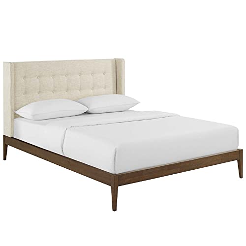 Modway Hadley Tufted Upholstered Wingback Queen Platform Bed in Beige