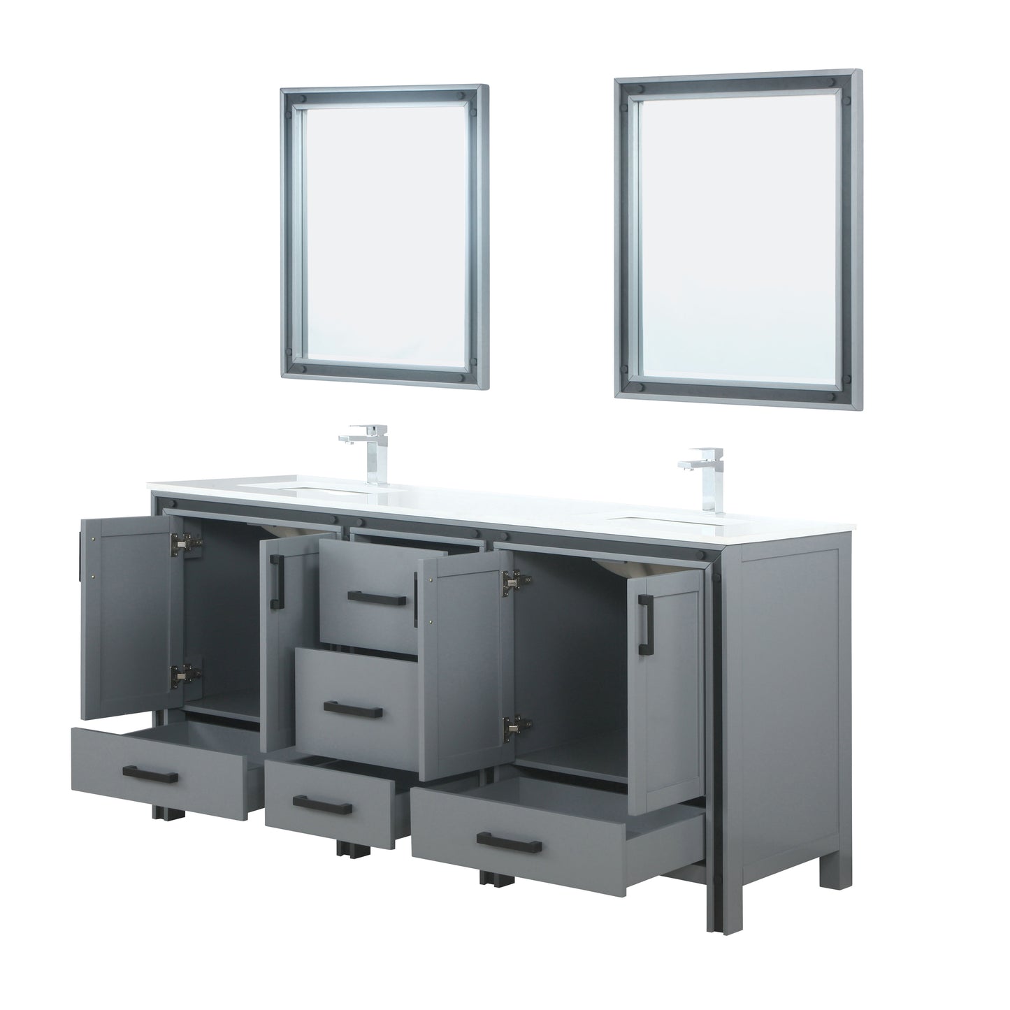 Ziva 72" Dark Grey Double Vanity, Cultured Marble Top, White Square Sink and 30" Mirrors w/ Faucet