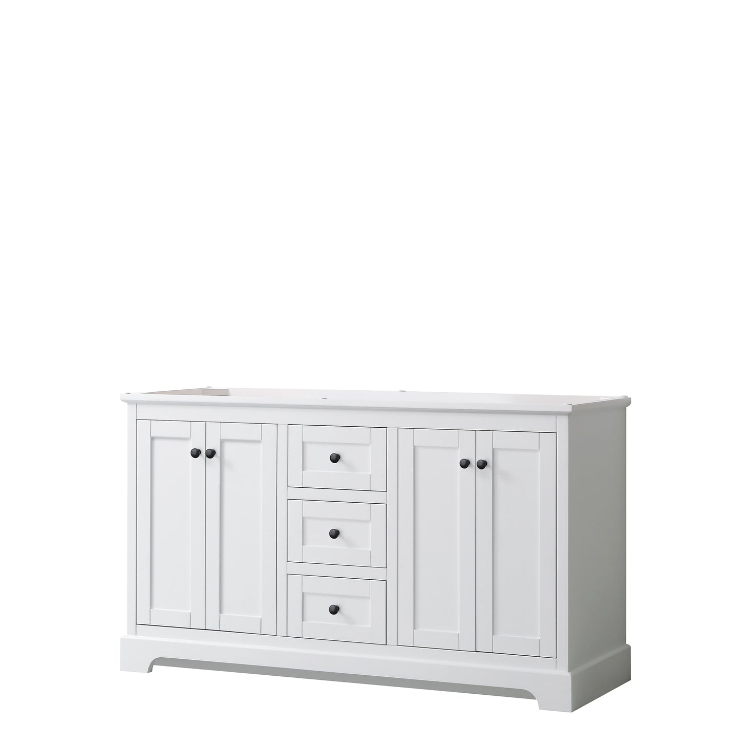 Avery 60 Inch Double Bathroom Vanity in White, No Countertop, No Sinks, Matte Black Trim