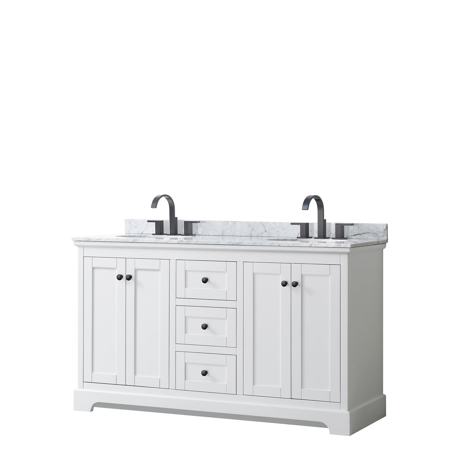 Avery 60 Inch Double Bathroom Vanity in White, White Carrara Marble Countertop, Undermount Oval Sinks, Matte Black Trim