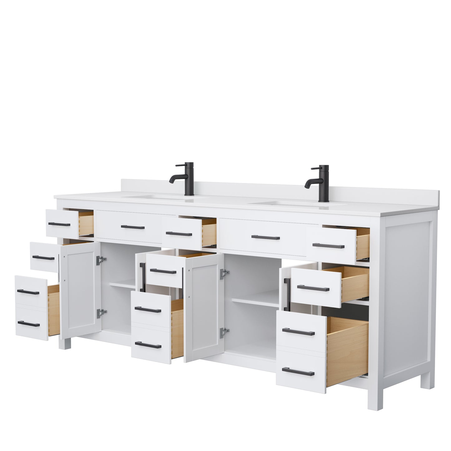 Beckett 84 Inch Double Bathroom Vanity in White, White Cultured Marble Countertop, Undermount Square Sinks, Matte Black Trim