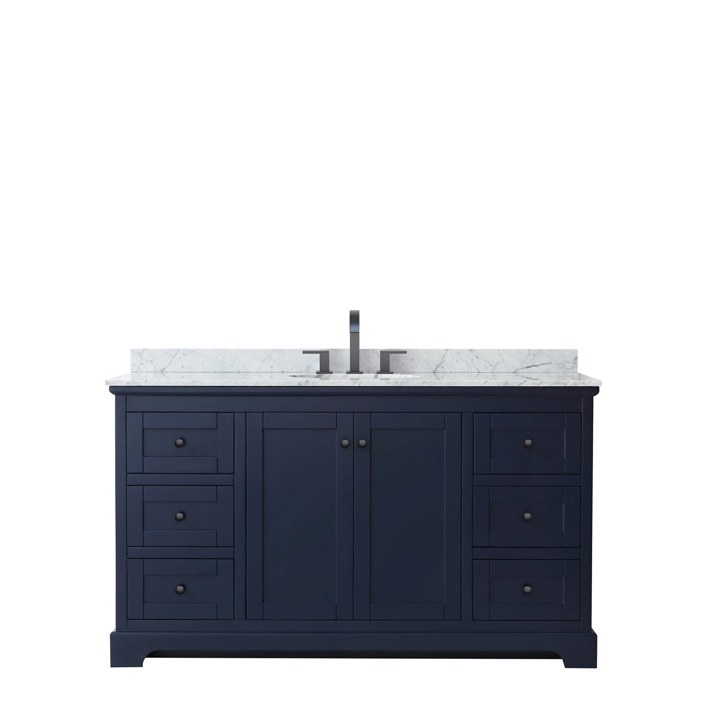 Avery 60 Inch Single Bathroom Vanity in Dark Blue, White Carrara Marble Countertop, Undermount Oval Sink, Matte Black Trim