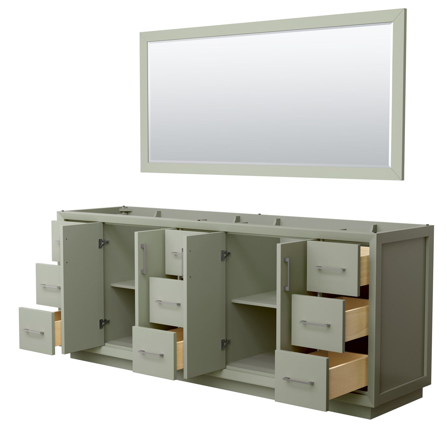 Strada 84 Inch Double Bathroom Vanity in Light Green, No Countertop, No Sink, Brushed Nickel Trim, 70 Inch Mirror