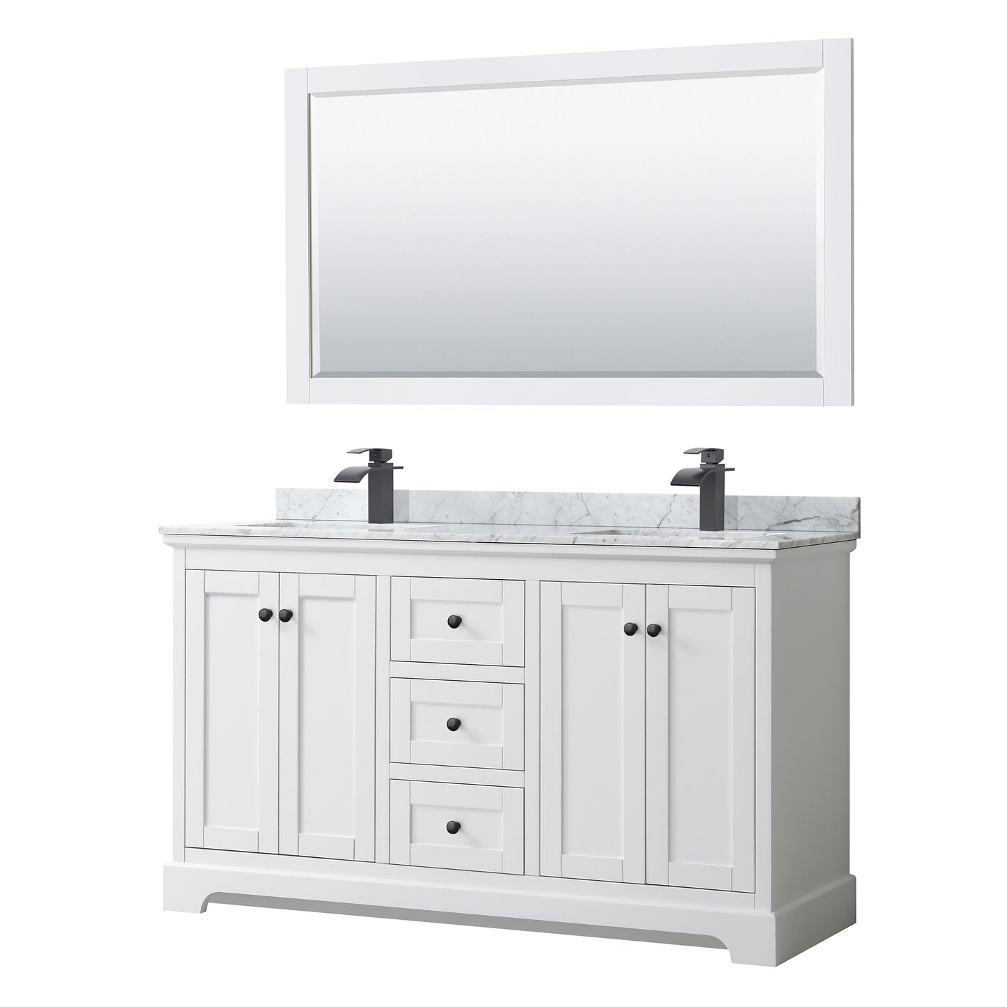Avery 60 Inch Double Bathroom Vanity in White, White Carrara Marble Countertop, Undermount Square Sinks, Matte Black Trim, 58 Inch Mirror