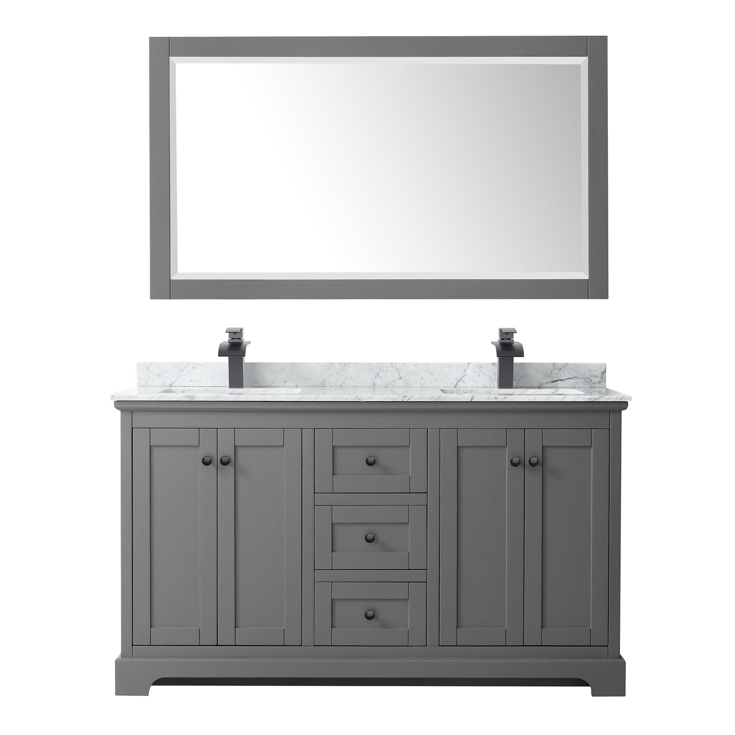 Avery 60 Inch Double Bathroom Vanity in Dark Gray, White Carrara Marble Countertop, Undermount Square Sinks, Matte Black Trim, 58 Inch Mirror