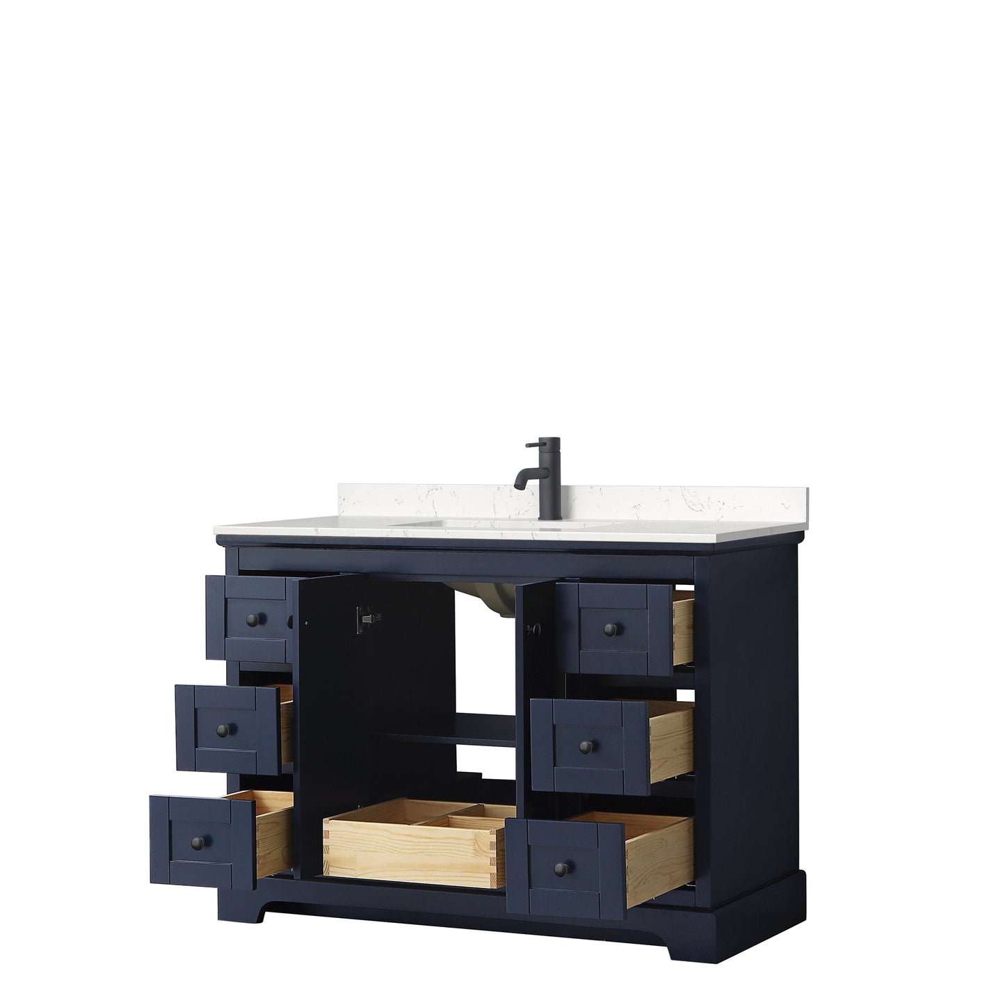 Avery 48 Inch Single Bathroom Vanity in Dark Blue, Carrara Cultured Marble Countertop, Undermount Square Sink, Matte Black Trim