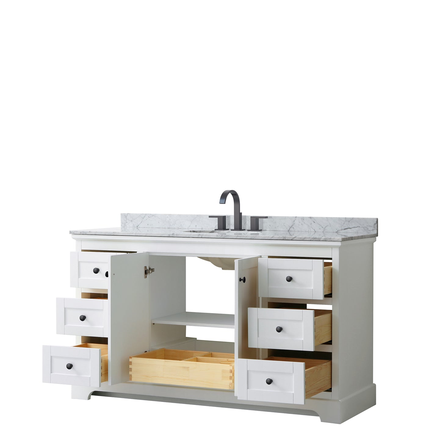 Avery 60 Inch Single Bathroom Vanity in White, White Carrara Marble Countertop, Undermount Oval Sink, Matte Black Trim