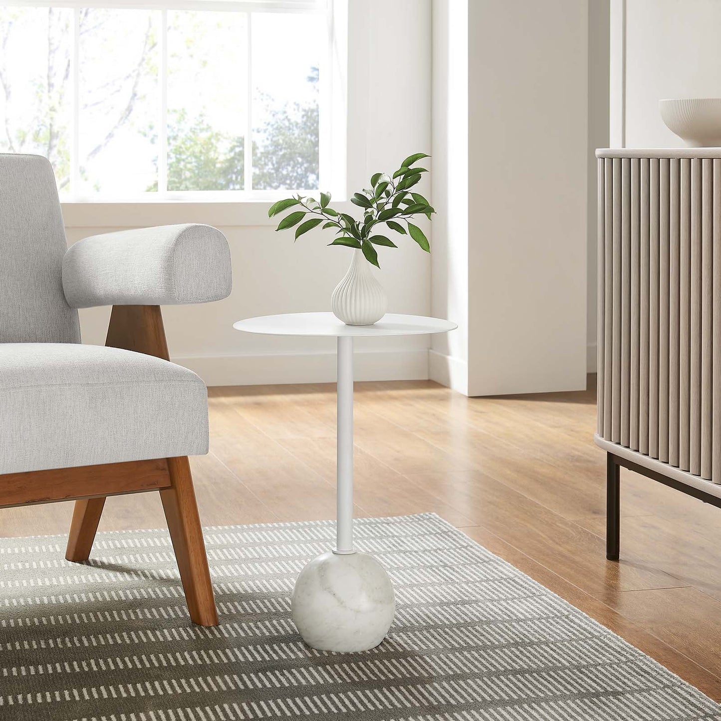 Modway Aliza Round Acacia Wood Side Table in White White