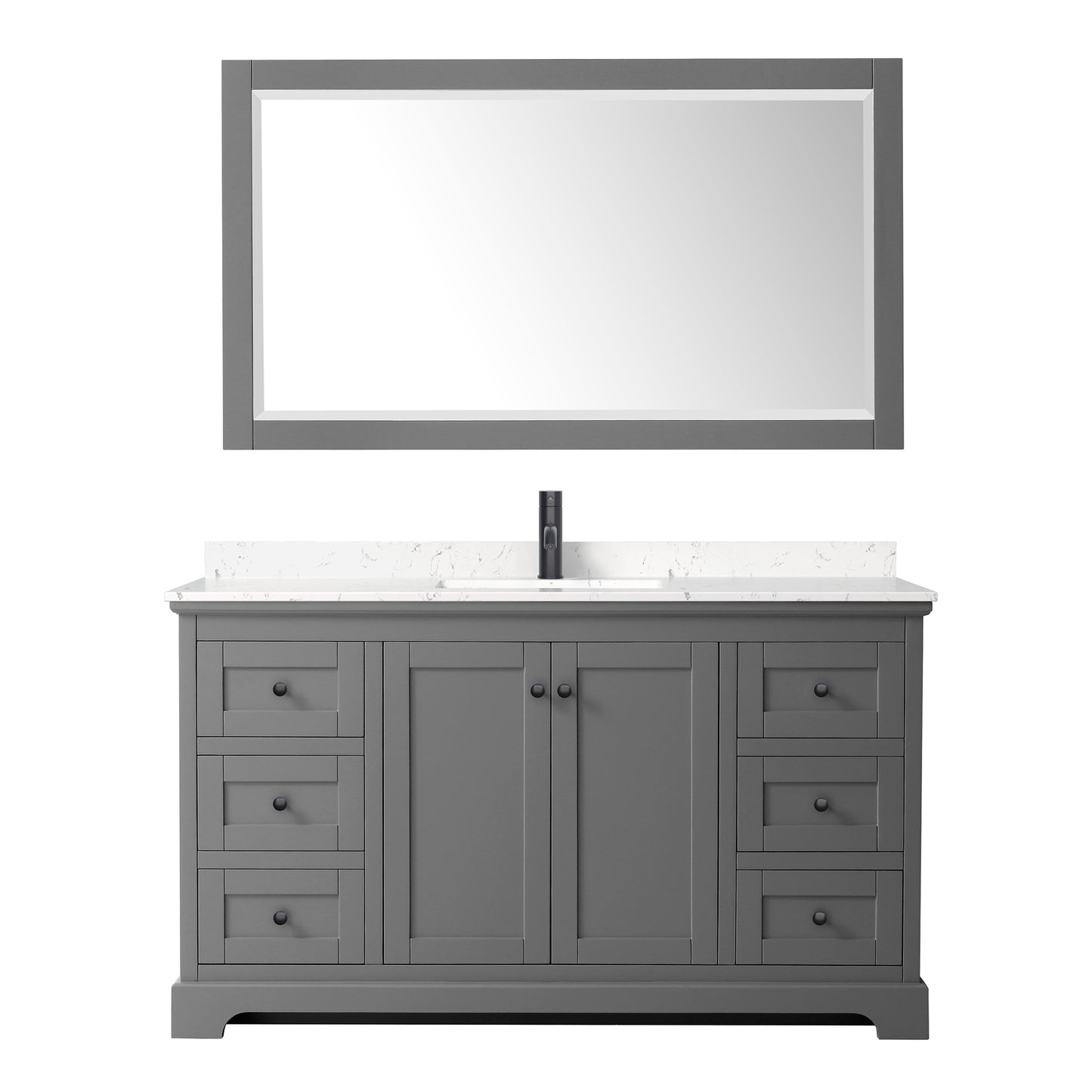 Avery 60 Inch Single Bathroom Vanity in Dark Gray, Carrara Cultured Marble Countertop, Undermount Square Sink, Matte Black Trim, 58 Inch Mirror