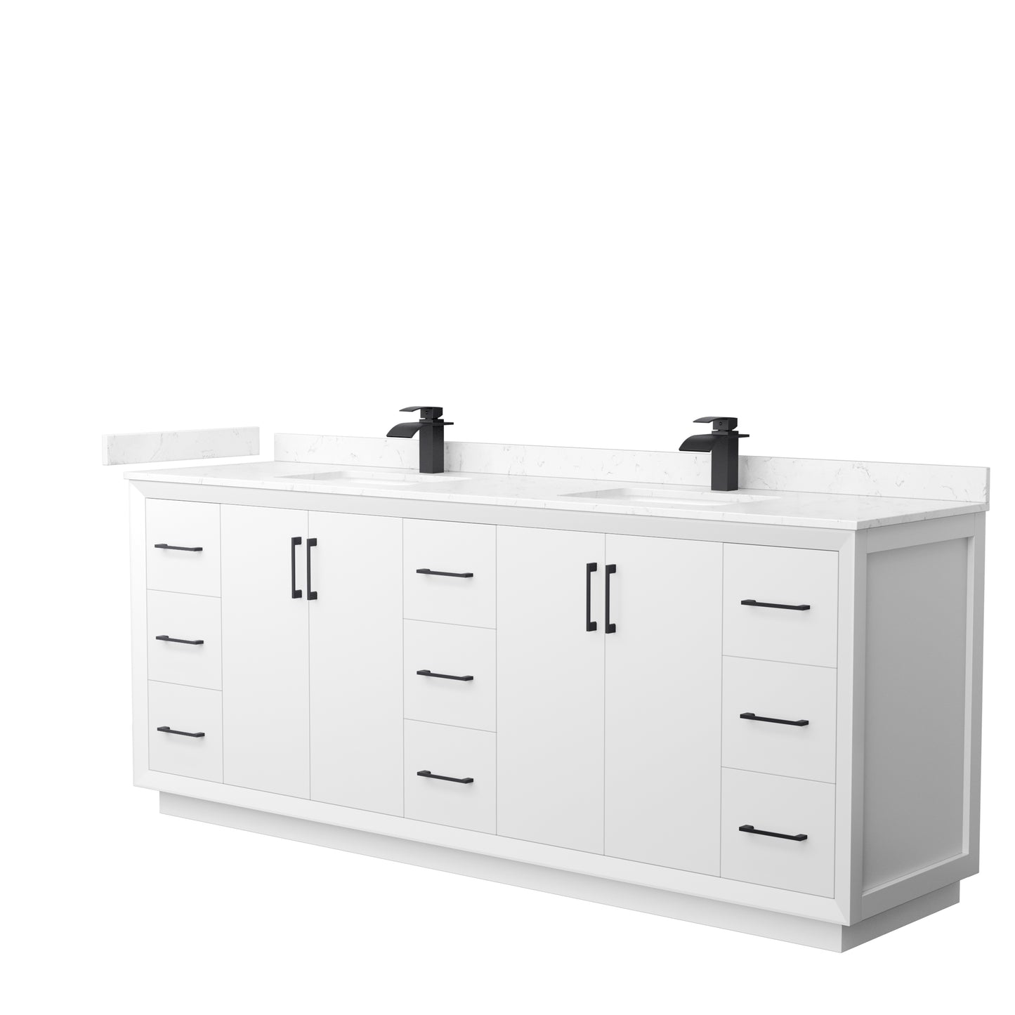 Strada 84 Inch Double Bathroom Vanity in White, Carrara Cultured Marble Countertop, Undermount Square Sink, Matte Black Trim