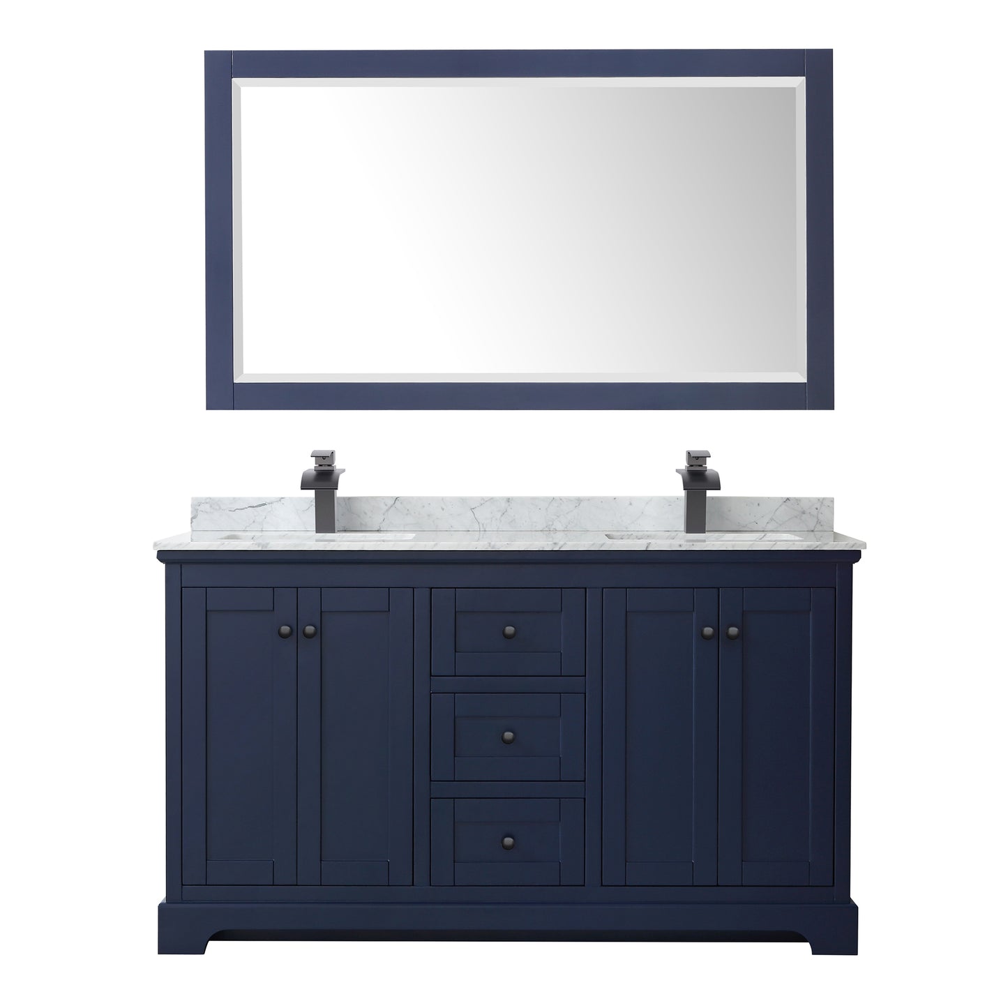 Avery 60 Inch Double Bathroom Vanity in Dark Blue, White Carrara Marble Countertop, Undermount Square Sinks, Matte Black Trim, 58 Inch Mirror