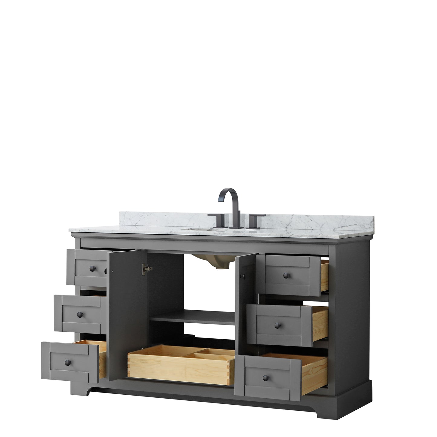 Avery 60 Inch Single Bathroom Vanity in Dark Gray, White Carrara Marble Countertop, Undermount Oval Sink, Matte Black Trim