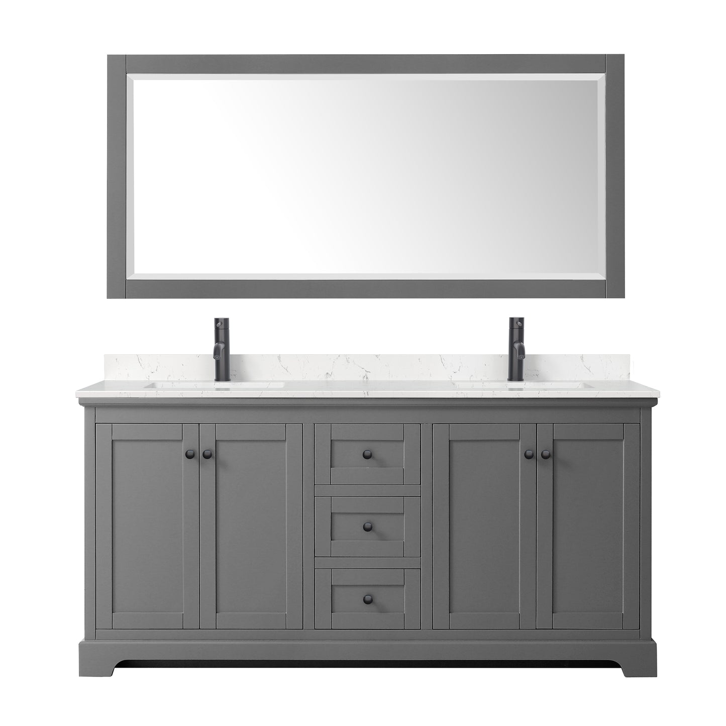 Avery 72 Inch Double Bathroom Vanity in Dark Gray, Carrara Cultured Marble Countertop, Undermount Square Sinks, Matte Black Trim, 70 Inch Mirror