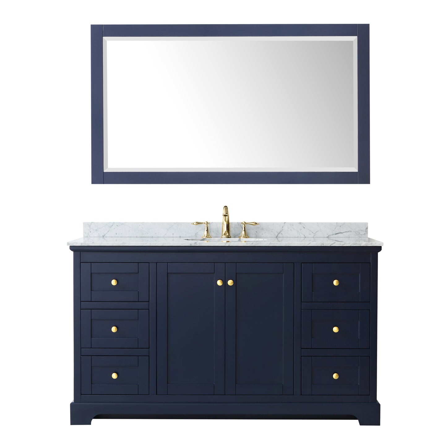 Avery 60 Inch Single Bathroom Vanity in Dark Blue, White Carrara Marble Countertop, Undermount Oval Sink, and 58 Inch Mirror