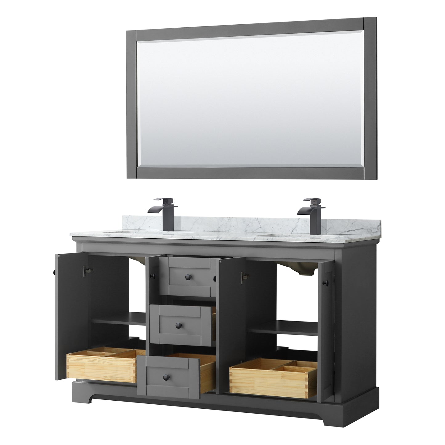 Avery 60 Inch Double Bathroom Vanity in Dark Gray, White Carrara Marble Countertop, Undermount Square Sinks, Matte Black Trim, 58 Inch Mirror