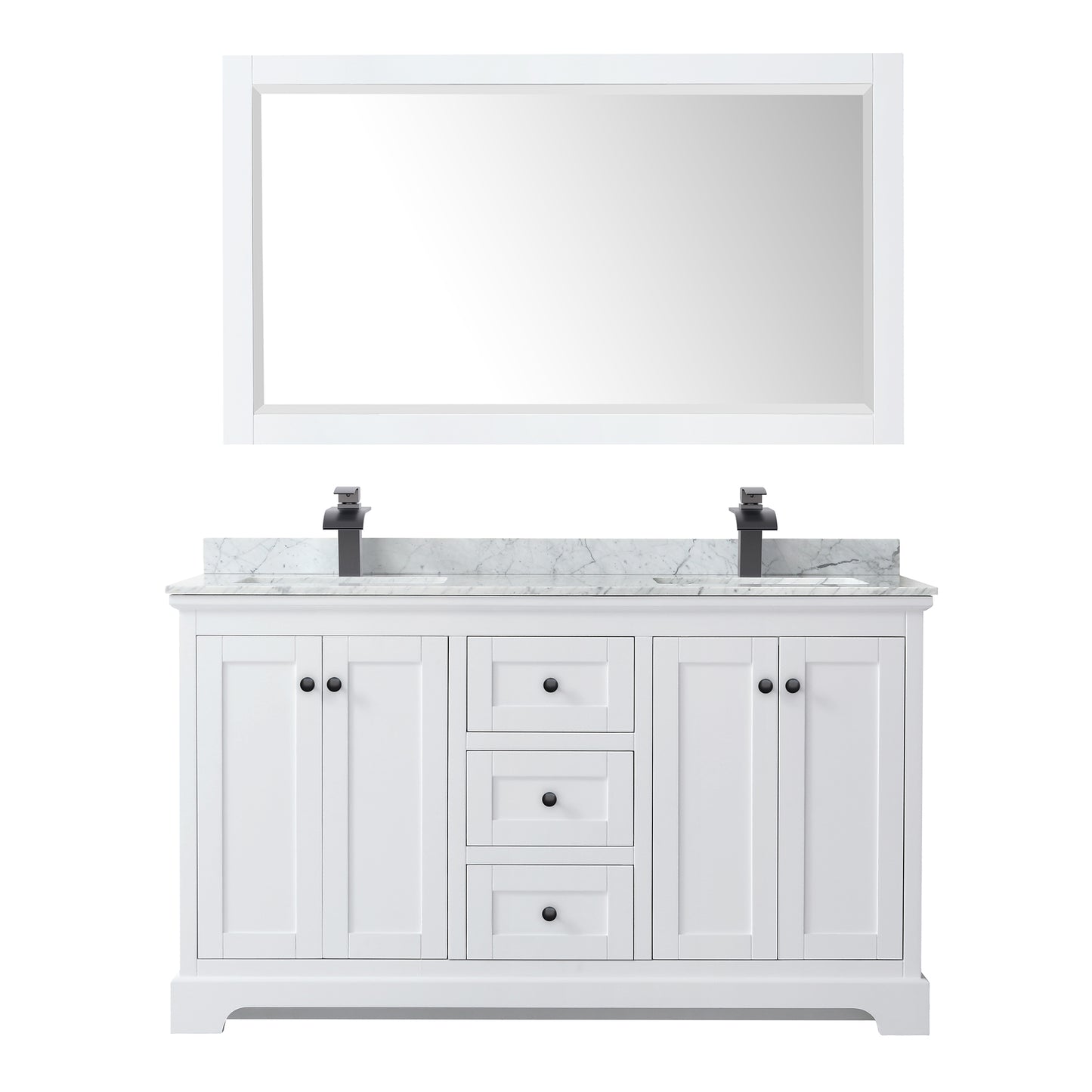 Avery 60 Inch Double Bathroom Vanity in White, White Carrara Marble Countertop, Undermount Square Sinks, Matte Black Trim, 58 Inch Mirror