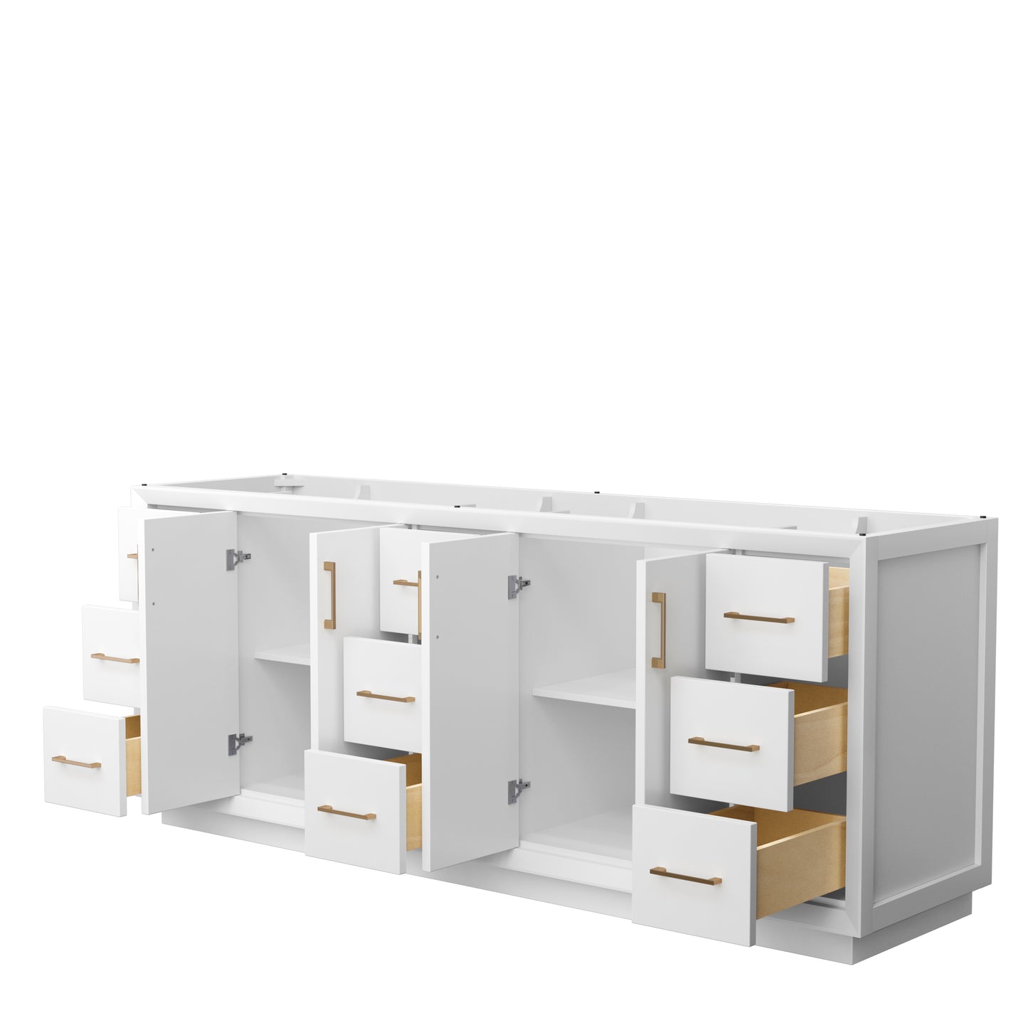 Strada 84 Inch Double Bathroom Vanity in White, No Countertop, No Sink, Satin Bronze Trim