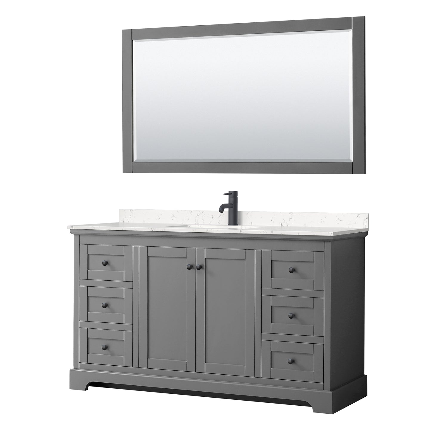 Avery 60 Inch Single Bathroom Vanity in Dark Gray, Carrara Cultured Marble Countertop, Undermount Square Sink, Matte Black Trim, 58 Inch Mirror