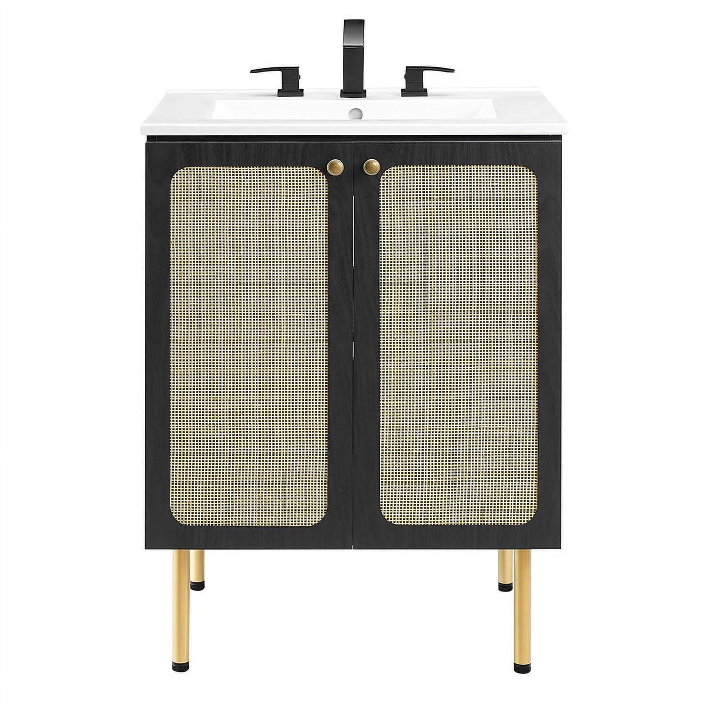 Modway Chaucer 24" Wood & Rattan Bathroom Vanity in Black/White