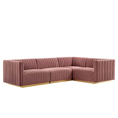 Modway Conjure 4-Piece Velvet and Stainless Steel Sectional in Gold/Dusty Rose