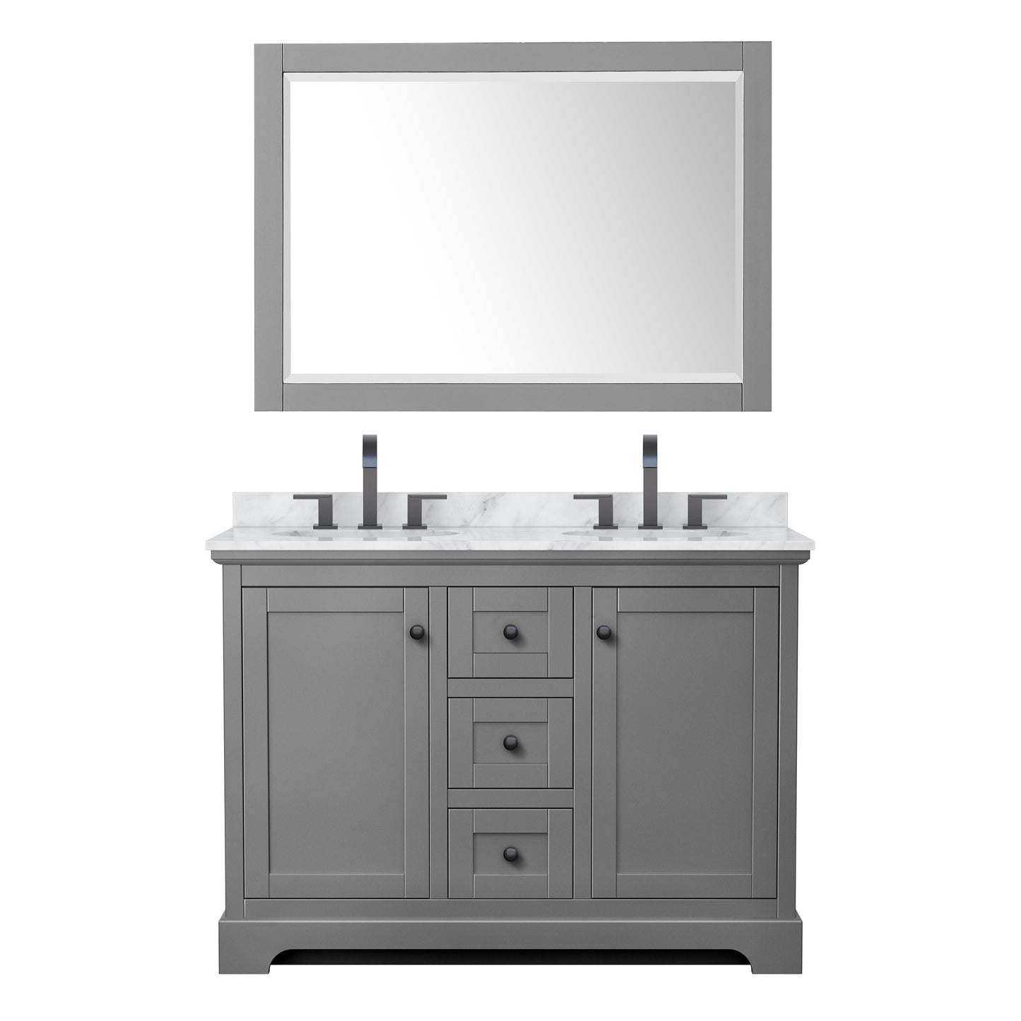 Avery 48 Inch Double Bathroom Vanity in Dark Gray, White Carrara Marble Countertop, Undermount Oval Sinks, Matte Black Trim, 46 Inch Mirror