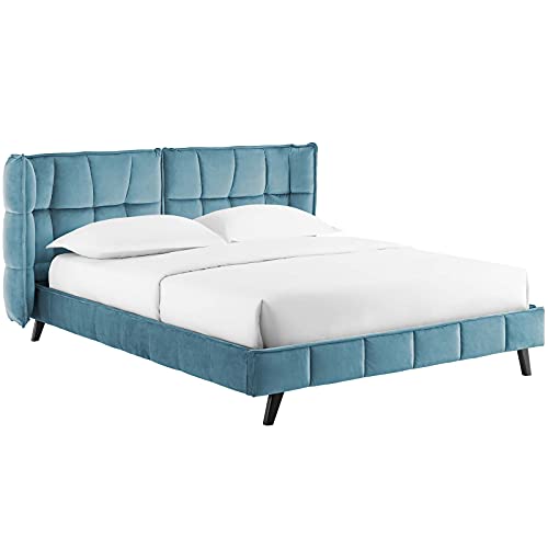 Modway Makenna Tufted Upholstered Velvet Queen Platform Bed in Sea